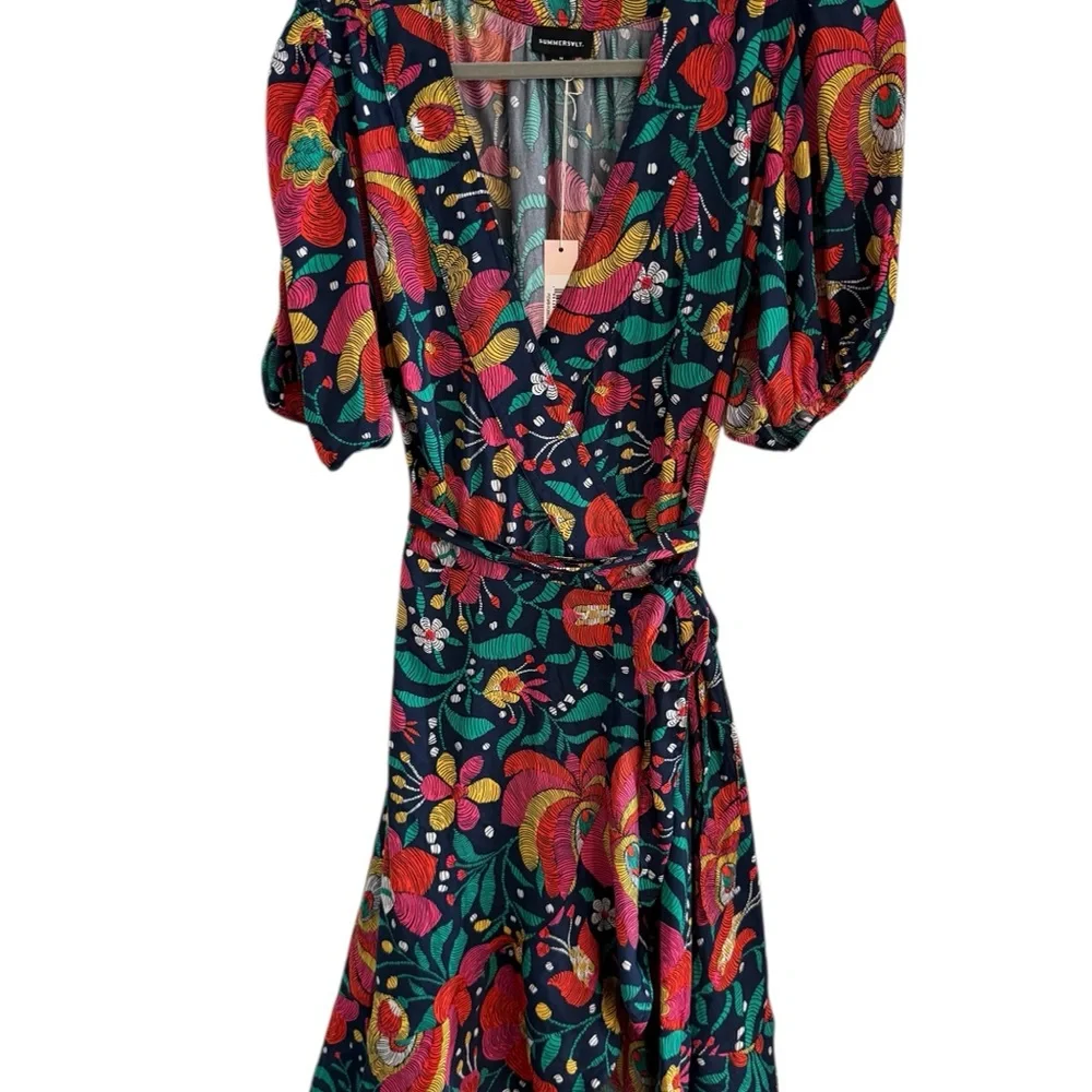 Summersalt Wrap Dress Womens 14 Floral Navy Multicolor Puff Sleeve Wrap Tie Midi - Picture 2 of 11